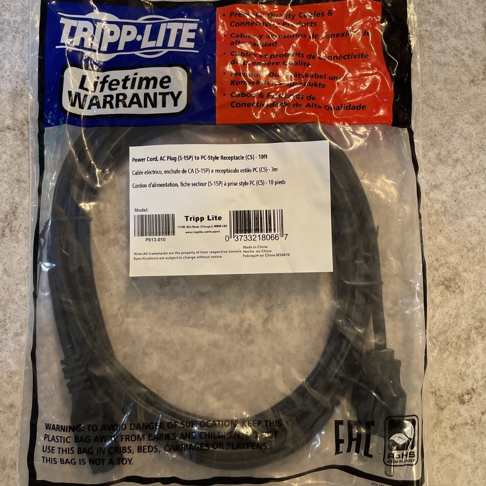 Tripp Lite P013-010 Laptop Power Cord 10ft AC Plug 5-15P PC Style Receptacle C5